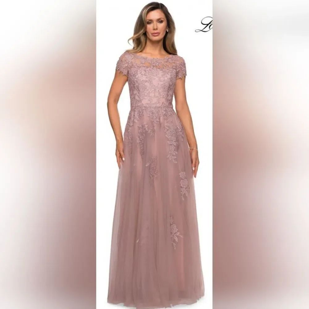LA FEMME 27920 Embellished Mesh A-Line Gown NWOT size 10 Mauve/Pink